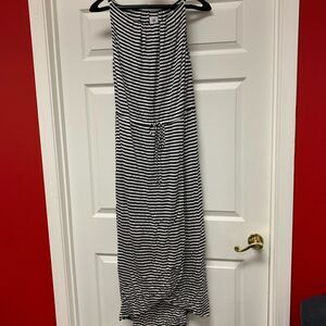 CAbi Navy & White Boat Stripe Rayon Maxi Tie Waist Dress sz L NWT